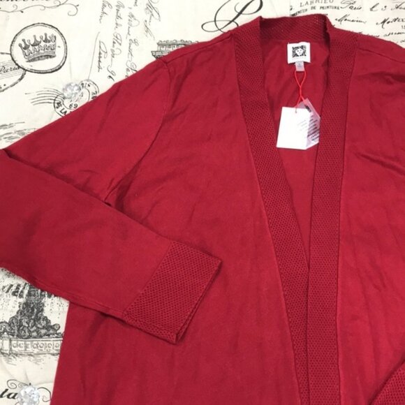 ANNE KLEIN Pointelle Trim Waterfall Cardigan In Titian Red - Picture 5 of 7